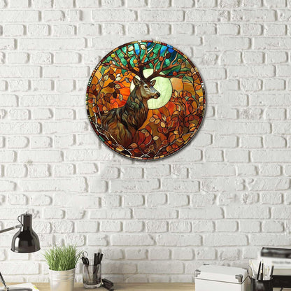 Lygond Metal Sign Tin Sign Circular Stained Glass Deer Vintage Metal Sign for Garage 8×8 Inches