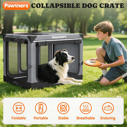 Collapsible Dog Crate: 38 Inch Foldable Soft Sided Dog Crate for Large Dogs, Portable Dog Travel Kennel with Soft Mat for Indoors & Outdoors, Grey (38" L x 27" W x 27" H)