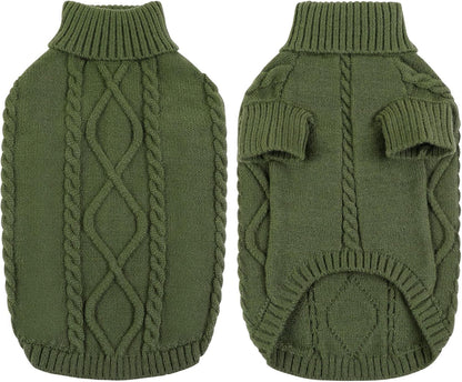 Queenmore Small Dog Pullover Sweater, Cold Weather Cable Knitwear, Classic Turtleneck Thick Warm Clothes for Chihuahua, Bulldog, Dachshund, Pug (Army Green, X-Large)
