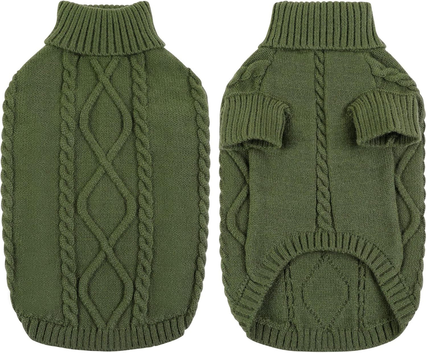 Queenmore Small Dog Pullover Sweater, Cold Weather Cable Knitwear, Classic Turtleneck Thick Warm Clothes for Chihuahua, Bulldog, Dachshund, Pug (Army Green, Large)