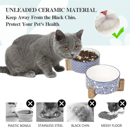 Selamica Ceramic 30 OZ Dog Bowls, Dog Food and Water Bowls with Wooden Stand, Anti-Slip Dog Dishes Set for Cats Small & Medium Sized Dogs, Weighted Pet Bowls Set of 2, Vintage Blue A