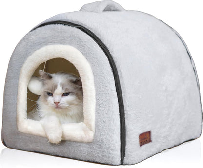 Cat Bed for Indoor Cats，Foldable cat cave，Anti-Slip & Water-Resistant Bottom，cat Houses for Indoor Cats or Small Dogs, Kitten Tent, Rabbit Bed，2 in 1 pet Bed (Grey)