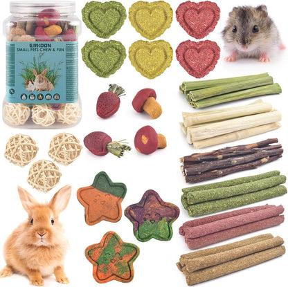 ERKOON 53 Bunny Chew Toys for Rabbits Teeth, Natural Rabbit Toys Apple Wood Sticks, Carrot, Timothy Grass for Small Pets, Hamster, Chinchilla, Guinea Pig Dental Care and Treat Teething(53)