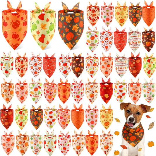 Abbylike 50 Pcs Fall Thanksgiving Dog Bandana Bulk Pumpkin Bandana for Dogs Triangle Kerchief Bib Scarf for Pets Autumn Costume Photo Props Accessories Pet Shops, 25 Styles (25.6 x 17.7 x 17.7)