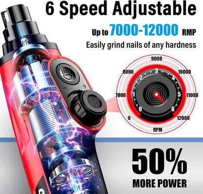 Casfuy Smart 6-Speed Dog Nail Grinder - 50% More Power Pet Nail Grinder with 2 LED Lights Quiet Rechargeable Electric Dog Nail Trimmers File Toenail Grinder for Large Medium Small Dogs & Cats (Red)