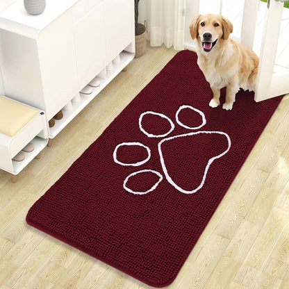 OLANLY Door Mat for Muddy Dog Paws 47x24, Ultra Absorbent Chenille Mud Doormat with Paw Print Design, Non-Slip Washable Doormat for Indoor Entryway, Quick-Dry Pet Bed Mats for Dirty Dogs, Burgundy