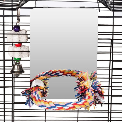 Colorday 7" Bird Mirror with Rope Perch, Bird Swing, Parrot Cage Toys for Parakeet African Grey Conure Cockatiel Lovebird Finch Canarie, Medium