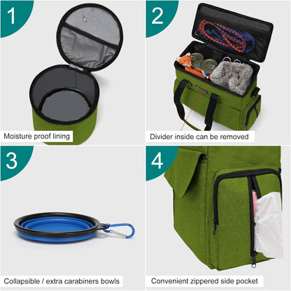 Modoker Dog Travel Bag, Weekend Pet Travel Set for Dog and Cat, Airline Approved Tote Organizer with Multi-Function Pockets and 2 Food Storage Containers, 2 Collapsible Bowls, 1 Feeding Mat (Green)