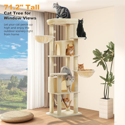 71.2" Tall Cat Tree for Indoor Cats - 9-Level Multi-Cat Tower w/5 Sisal Scratching Posts, 2 Condos, 3 Hammocks, Perch & Pom Poms - Heavy-Duty for Adult Cats, Space-Saving Plush Beige