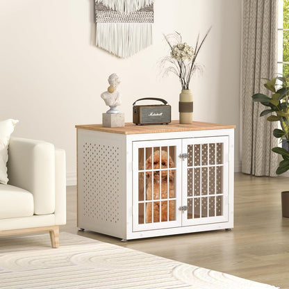 32" Heavy Duty Dog Crate Furniture for Small and Medium Dogs, Metal Kennel for High Anxiety Dogs, Chew Proof Pet Cage Indoor, Decorative Dog Kennel End Table, White