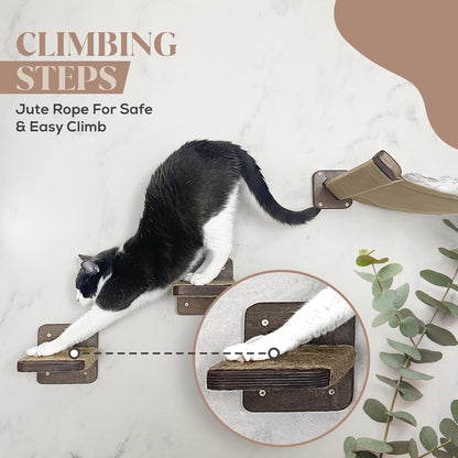 Multi-Level Cat Wall Hammock with Plush Cushion and Two Steps - Shelves Set with Perches for Playing, Climbing, and Sleeping - Wooden Cat Wall Bed