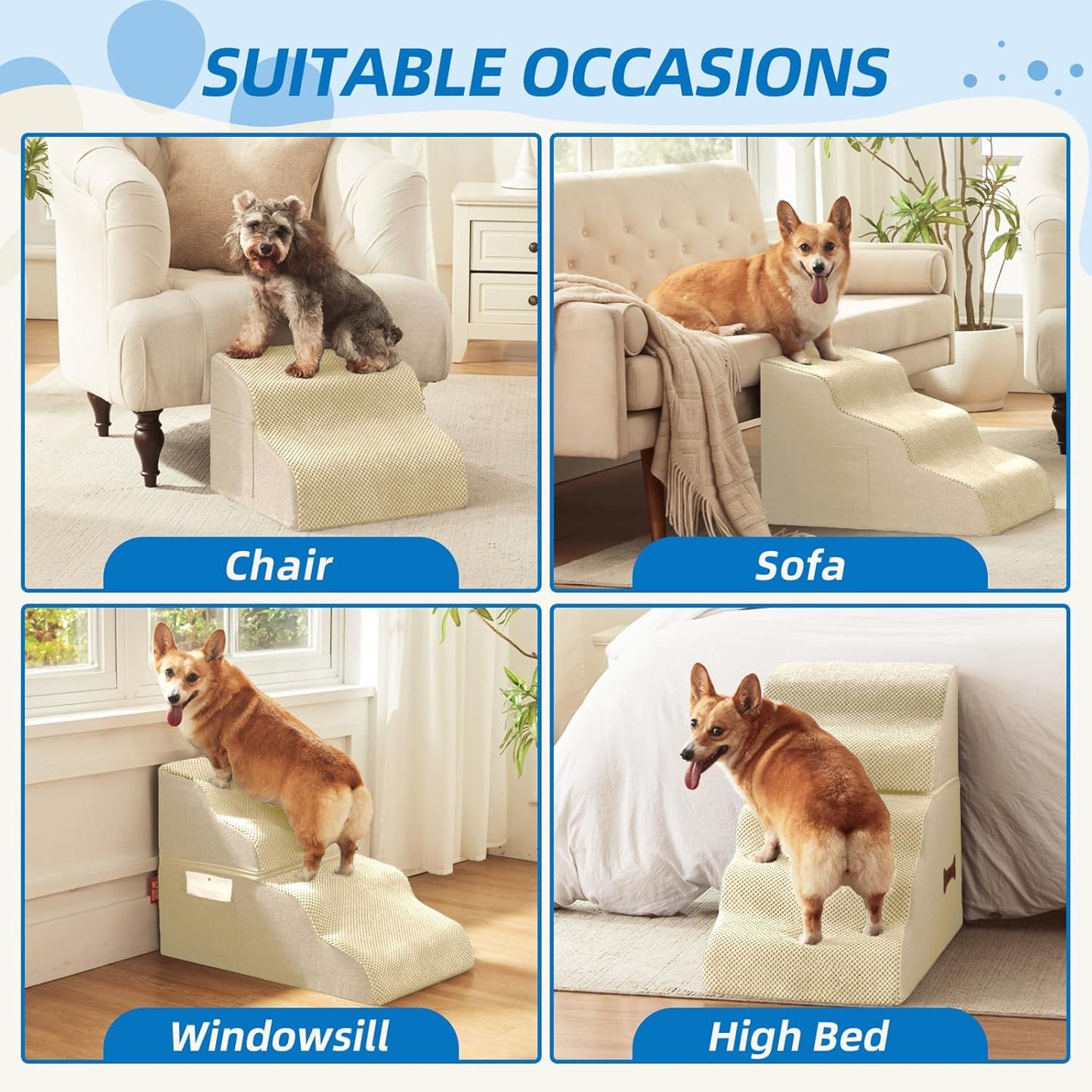 Dog Stairs for Small Dogs and Cats, 2 Steps Pet Stairs to Get on Couch Sofa and Chair, Indoor Non-Slip Balanced Portable Pet Step, High-Density Foam Ramp with Removable Washable Cover, Beige（11.8" H）