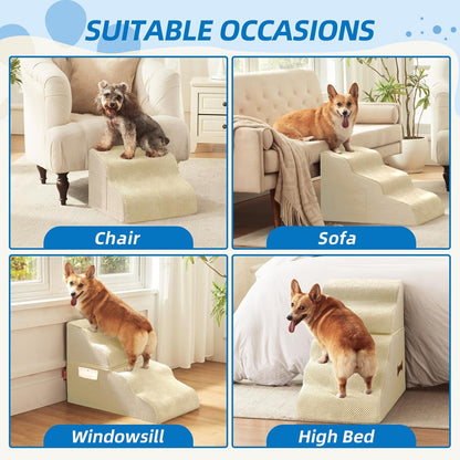 Dog Stairs 3-Step for Small Dogs and Cats to Get on Bed and Furniture/Windows, Pets Can Climb, Sit, or Perch to Look Out Windows, Extra Wide Dog Steps, Non-Slip Waterproof Fabric Cover, Beige（15.7" H）