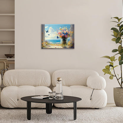 Beach Floral Bathroom Pictures Wall Art, Colorful Flower Bathroom Wall Decor, Coastal Ocean Framed Painting Canvas Artwork for Bedroom Living Room Decorations 20"L x 16"W