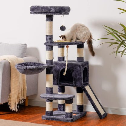 Heybly Cat Tree, Cat Tower for Indoor Cats with Scratching Board, Multi-Level Cat Furniture Condo with Feeding Bowl Smoky Gray HCT010SG