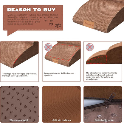 Topmart High Density Extended Foam Dog Ramp&Steps 3 Tiers,15.7" High,Non-Slip Dog Stairs with Waterproof Cover,Soft Foam Pet Ladder,Best for Injured,Older Cats,Pets with Joint Pain