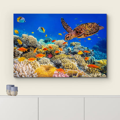 wall26 Canvas Print Wall Art Neon Coral Reef Blue Hippo Tang Fish Turtle Nature Animals Photography Realism Rustic Scenic Landscape Wilderness Colorful for Living Room, Bedroom, Office - 12"x18"