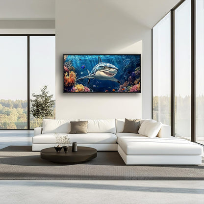Large Ocean Shark Wall Art for Living Room, Framed Oversized Shark Fish Wall Decor Underwater Marine Life Canvas Painting Modern Artwork for Living Room Bathroom Bedroom Office Dining Room 60"x30"