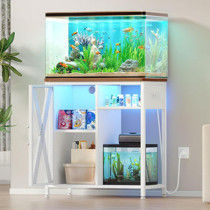 YITAHOME Fish Tank Stand with Power Outlets & LED Light, 20-29 Gallon Metal Aquarium Stand with Cabinet for Fish Tank Accessories Storage for Turtle, Reptile Terrarium, 350LBS Capacity, White
