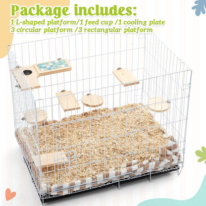 Set of 9 Wooden Hamster Cage Platform Chinchilla Ledges and L Shaped Round Hole Rat Cage Accessories with Cooling Standing Board Food Cup for Squirrel Gerbil Guinea Pig Small Animal