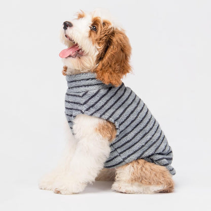Fitwarm 2 Pack Striped Fleece Dog Sweater, Warm Winter Dog Clothes for Small Dogs Boy Girl, Fuzzy Pet Outfit, Doggy Pullover Jumper, Grey, Navy, Large