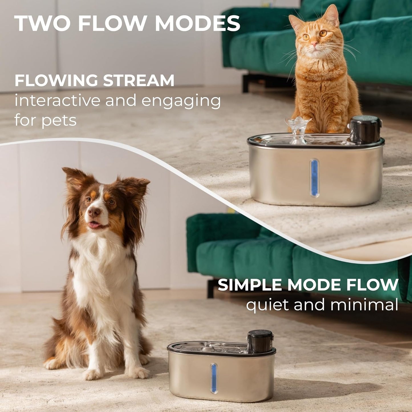 Wireless Cat Water Fountain Stainless Steel, 5200mAh Battery, Ultra Quiet, Automatic Pet Water Dispenser, 108oz/3.2L, Two Flow Modes, BPA-Free, Multi-Filtration, Includes 2 Filters- Creamy