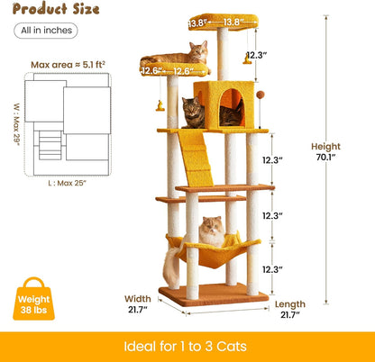 MWPO Cat Tree, 70.1-Inch Tall Cat Tower for Indoor Cats Large Adult, Multi-Level Cat Condo with 5 Scratching Posts, 2 Padded Perches, Hammock, Dangling Toys, Yellow