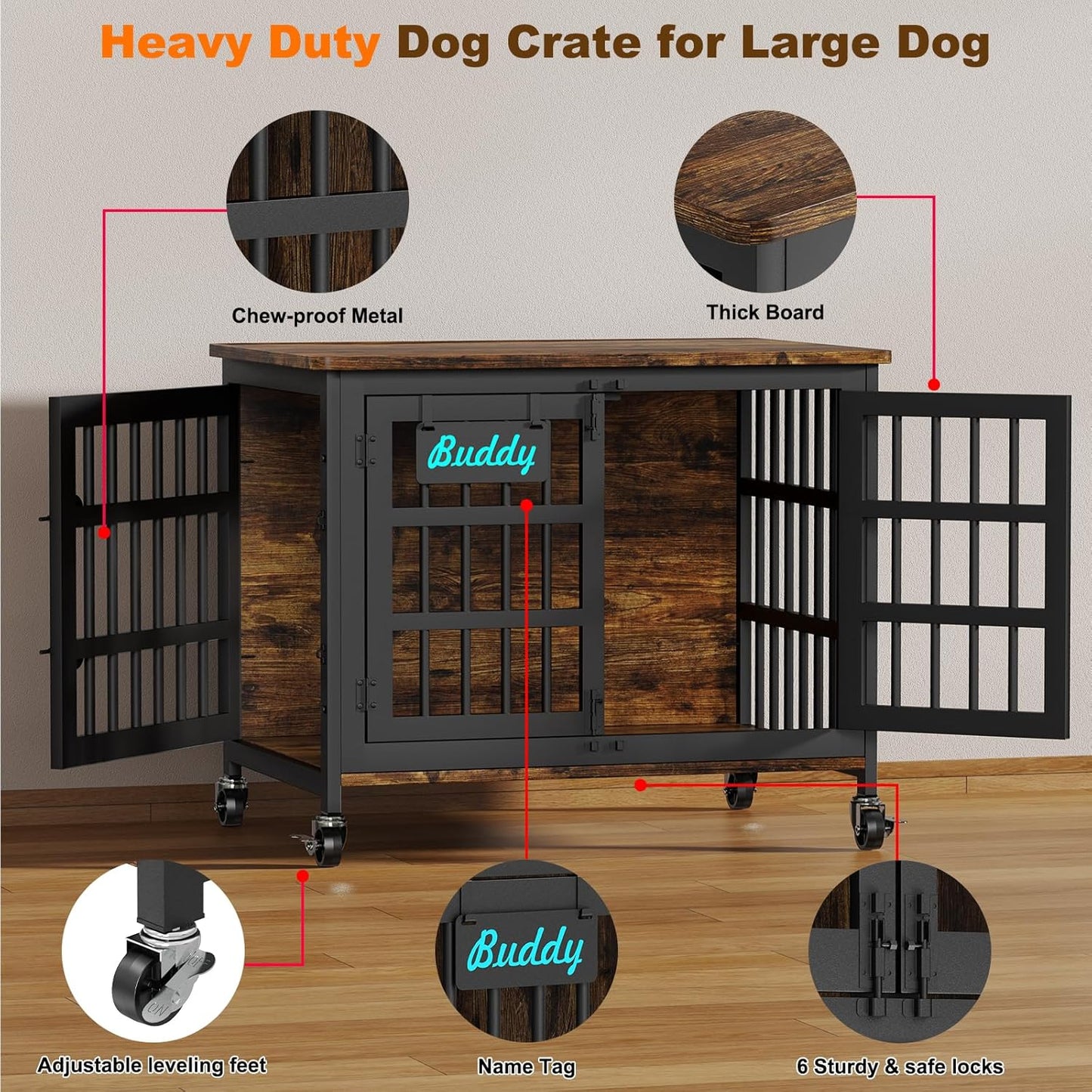 EasyCom 33"/27" Dog Crate Furniture with Name Tag, Heavy Duty Dog Kennel Indoor for Medium and Small Dogs, Double-Doors Sturdy Metal Dog Cage, Decorate House as TV Stand, End Table, Bedside Table