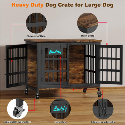 EasyCom 33"/27" Dog Crate Furniture with Name Tag, Heavy Duty Dog Kennel Indoor for Medium and Small Dogs, Double-Doors Sturdy Metal Dog Cage, Decorate House as TV Stand, End Table, Bedside Table