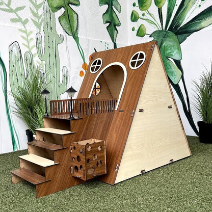 Large Modern Wooden Rabbit Castle House Hutch - Bunny Hideout Indoor Habitats - Pet 2-Story Home Furniture（Excluding Street Lights）