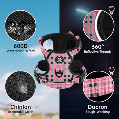 NESTROAD No Pull Dog Harness with Leash, Reflective No Choke Pet Vest Harness,Adjustable Soft Padded Dog Harness with Easy Control Handle for Large Dogs(Checkered Pink,Large)