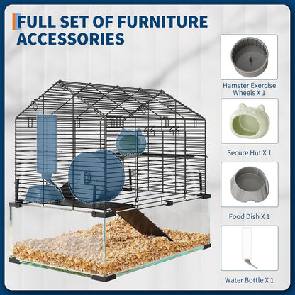 Large Hamster Cage with 7" Deep Tempered Glass Bottom, 3 Tiers Big Hamster Tank with Running Wheel, Hut, Water Bottle, Dish, Rat Cages for Syrian, Dwarf, Gerbils, Mouse, 22.83" x 15" x 21.25"