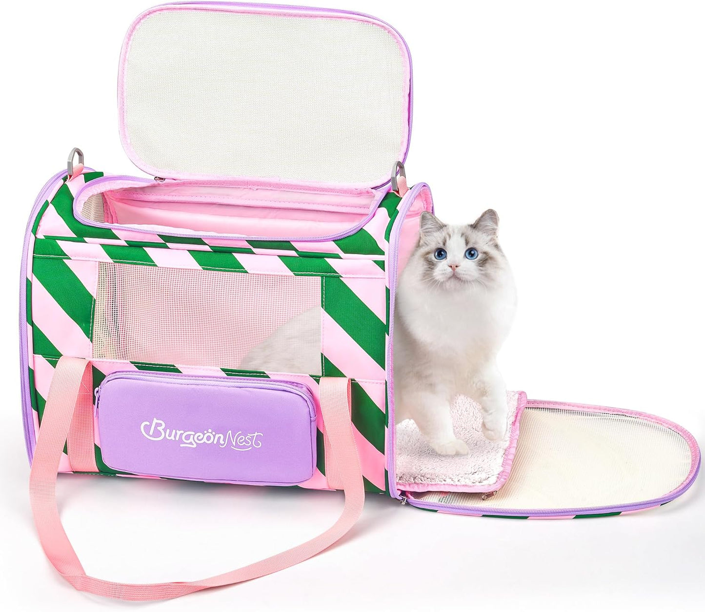 BurgeonNest Cat Carrier, Dog Cat Carriers for Large Medium Cats Under 20 lbs, Soft Sided Pet Carrier, Collapsible Travel Carry Puppy Kitten Cat Carrier with Big Side Bag (Medium, Pink-Green)