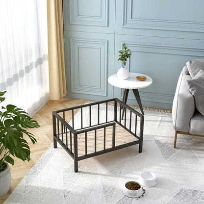 Dog Bed with Rails - Elevated Pet Metal Bed Frame with Solid Wood Board and Washable Soft Mat for Small Dog Indoor or Outdoor Use, 21.3" x 30", Black