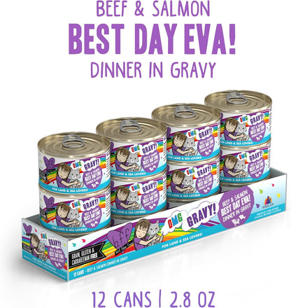 Weruva B.F.F. OMG - Best Feline Friend Oh My Gravy!, Best Day Eva! with Beef & Salmon in Gravy Cat Food, 2.8oz Can (Pack of 12)