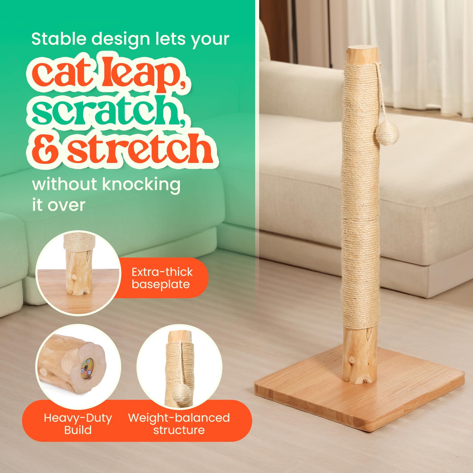 KONELCARE 35" Solid Wood Cat Scratching Post. Chosen for real quality, fits naturally into modern