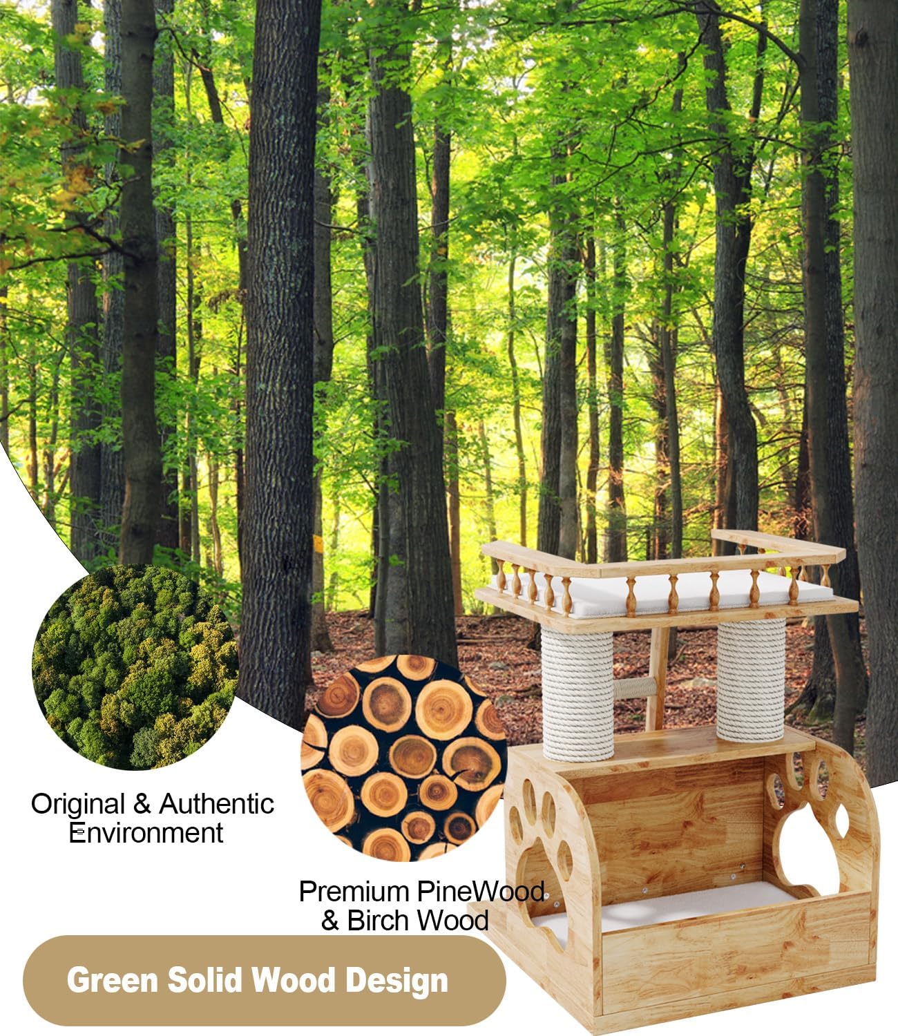 Modern Solid Wooden Cat Tree Tower, 25" Luxury Cats Trees Condo with Scratching Post, 2 Level Heavy Duty for Cat Tower Indoor Cats Adults, Natural Cats Tree House with Washable Cushions