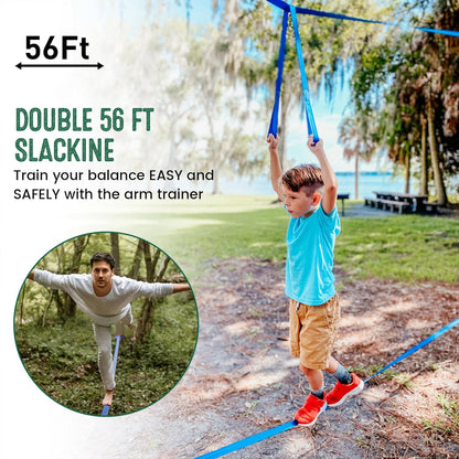 Ninja Warrior Obstacle Course for Kids, 2×56ft Slackline Kit with 8 Ninja Accessories - Monkey Bar, Rope Ladder, Gymnastic Ring, Arm Trainer and Monkey Fist
