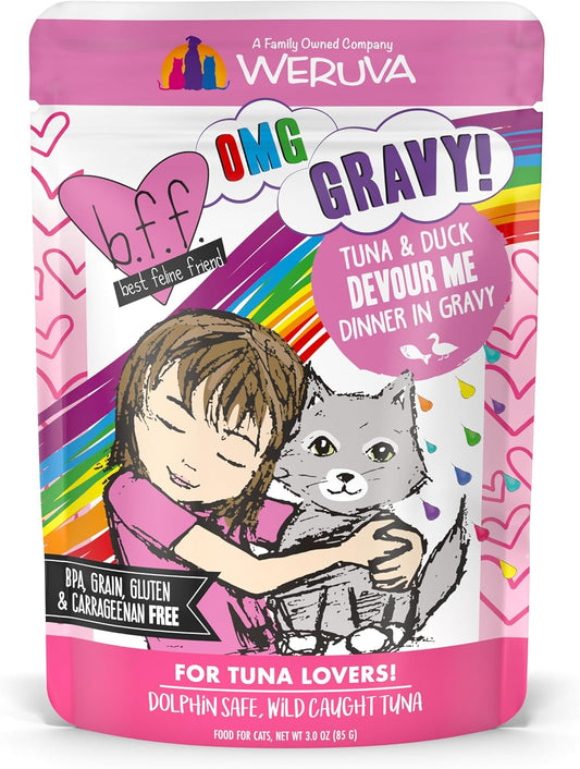 Weruva B.F.F. OMG - Best Feline Friend Oh My Gravy!, Tuna & Duck Devour Me with Tuna & Duck in Gravy Cat Food, 3oz Pouch (Pack of 12)