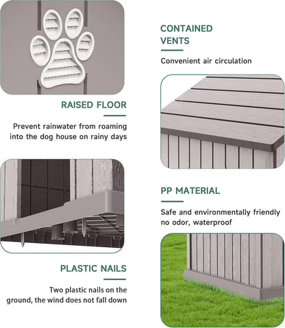 Vixzen Large Outdoor Dog House,Durable Water Resistant Resin Dog House,Doghouse for Small to Large Dogs Indoor or Outside,with Openable Windows and Elevated Floor,Gray