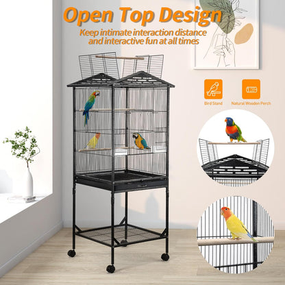 Bird Cage 47 inch Wrought Iron Parakeets Cage with Play Open Top and Rolling Stand Medium Small Bird Cage for Parrots, Budgerigars, Parakeets, Cockatiels, Lovebirds