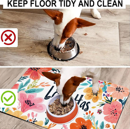 True Love Floral Dog Cat Food Mat-Absorbent Placemat for Food and Water Bowl, Waterproof Non Slip Rubber Backing Dog Food Mats for Floors, Pet Supplies 12 * 20 inch