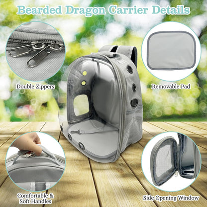 PINVNBY Bearded Dragon Carrier Backpack with Harness and Leash Set Large Reptile Travel Carrier Portable Lizard Backpack Clear Bubble Window Small Animal Carrying Bag for Gecko Kitten Rabbit (Gray)