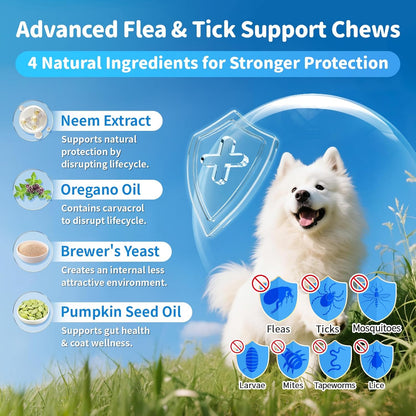 Dog Flea and Tick Support Chewable, Natural Dog Flea Comfort Supplement, Oral Chews with Neem, Oregano Oil, Pumpkin Seed Oil & Brewer's Yeast – 135 Soft Chews, Chicken Flavor – for All Breeds & Sizes