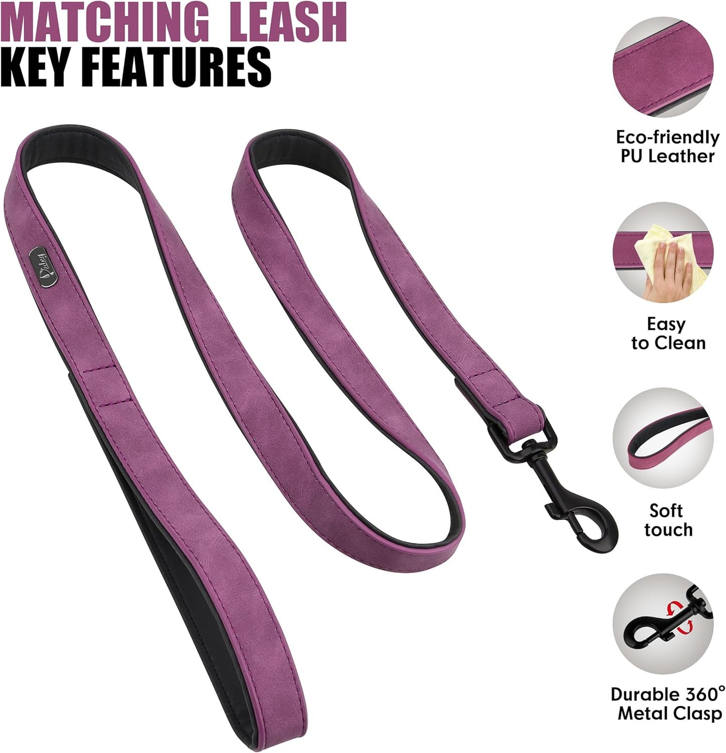Didog Soft Padded Leather Dog Collar and Leash Set, Heavy Duty Dog Leash and Collar Set with Metal Buckle, Breathable Dog Collars with 4FT Leather Dog Leash for Small Medium Large Dogs, Purple, XL
