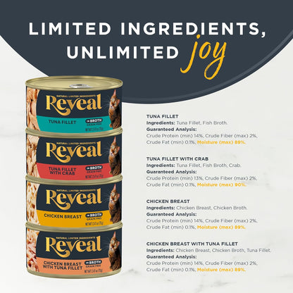 Reveal Natural Wet Canned Cat Food, Limited Ingredient, Grain Free, Protein with No Artificial Additives, Fish and Chicken Variety in Broth (20 x 2.47 oz Cans)