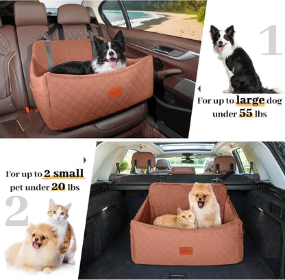 Dog Car Seat for Medium & Large Dogs Up to 55lbs, Memory Foam Cushion, Washable Cover, Safety Straps & Non-Slip Base (Brown, Large)