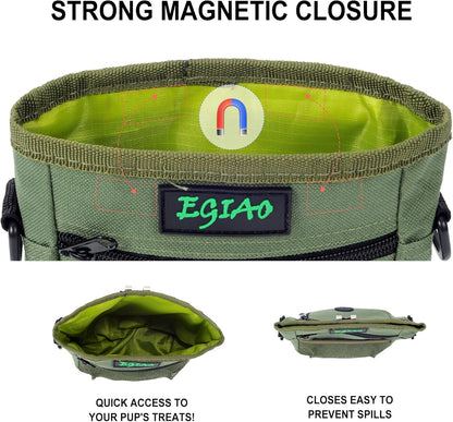 Dog Treat Pouch with Collapsible Dog Bowl, Training Clicker and Poop Bags, Treat Pouches for Pet Training, Magnetic Closure, Built-in Poop Bag Dispenser, Waist Belt Clip, Puppy Treat Bag - Green