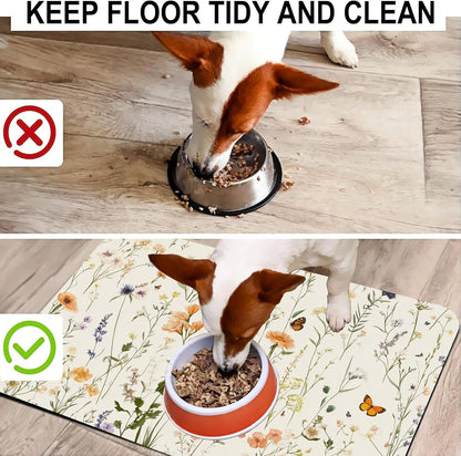 Vintage Wildflowers Herbs Pet Feeding Mat for Floors-Absorbent Dog Bowl Mat for Food and Water, Quick Dry Pet Cat Feeding Mats with Non Slip Bottom, Mess-Free Dog Accessories 12"x20"