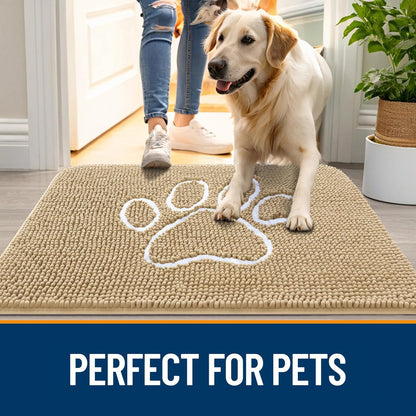 OLANLY Door Mat for Muddy Dog Paws 47x32, Ultra Absorbent Chenille Mud Doormat with Paw Print Design, Non-Slip Washable Doormat for Indoor Entryway, Quick-Dry Pet Bed Mats for Dirty Dogs, Beige